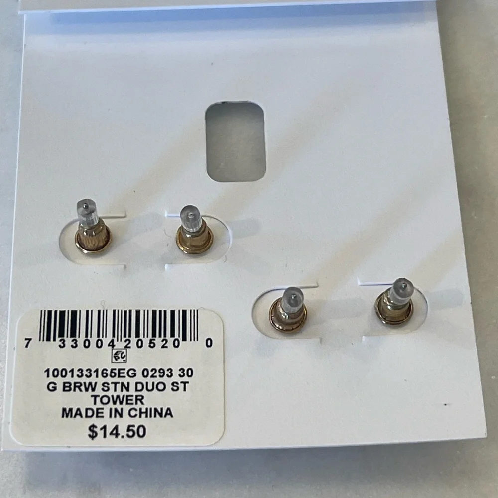 NEW Style & Co Two Piece Set Colored Stone Square Stud Earrings Brown & Gold